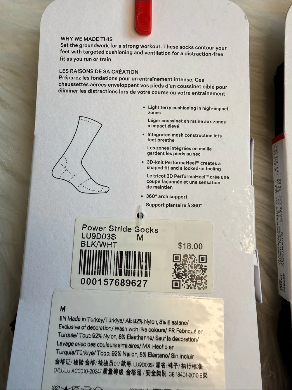 Lululemon Power Stride Crew Socks Bundle Lot 2 Black White Unisex Size M New